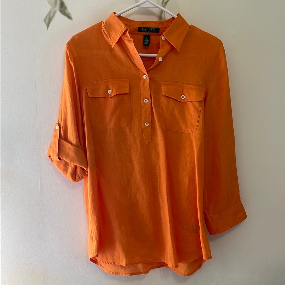 Lauren Ralph Lauren Roll Sleeves Vibrant Orange Linen Blouse